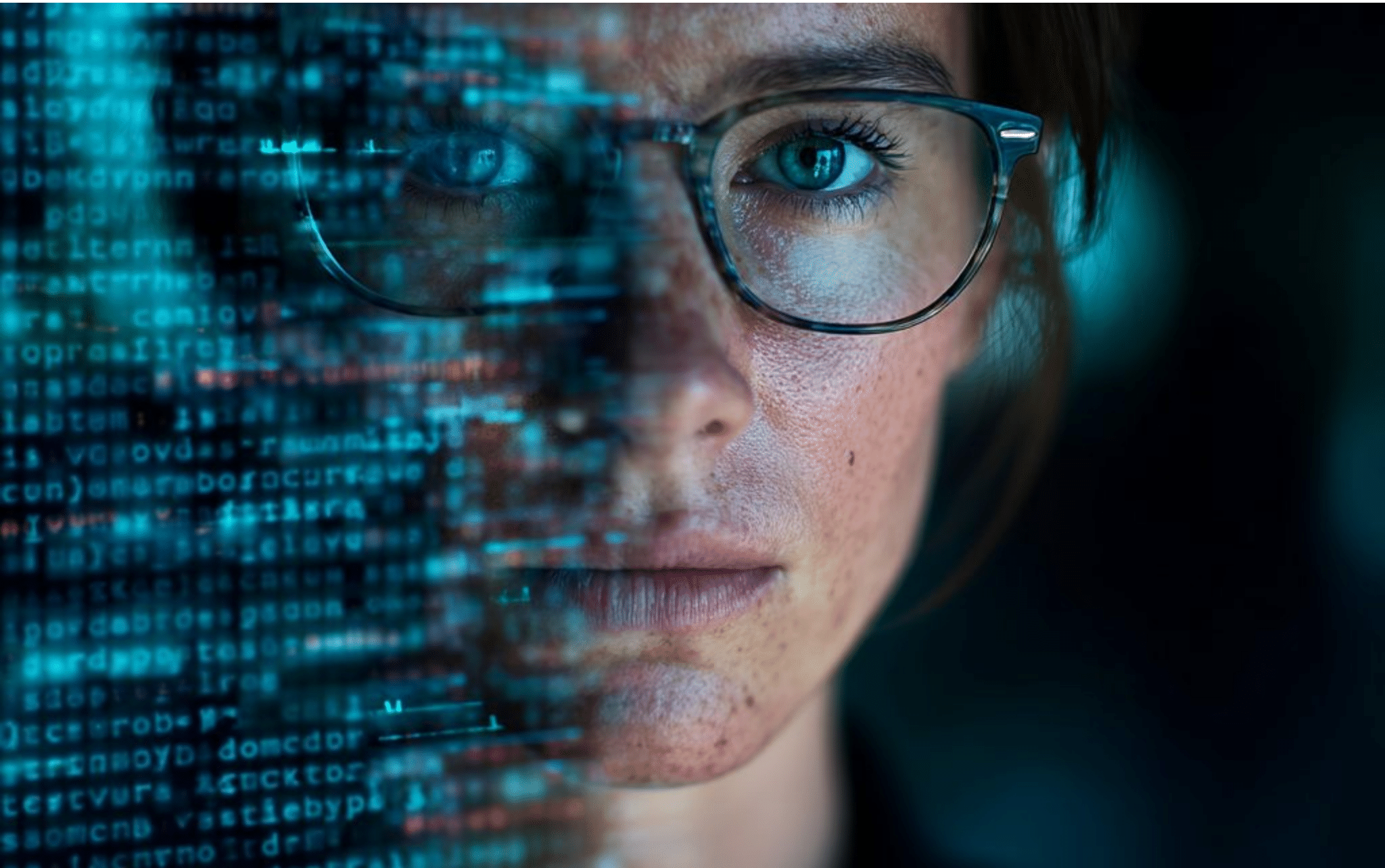 Close-up of a woman with glasses, half of her face overlaid with glowing digital code