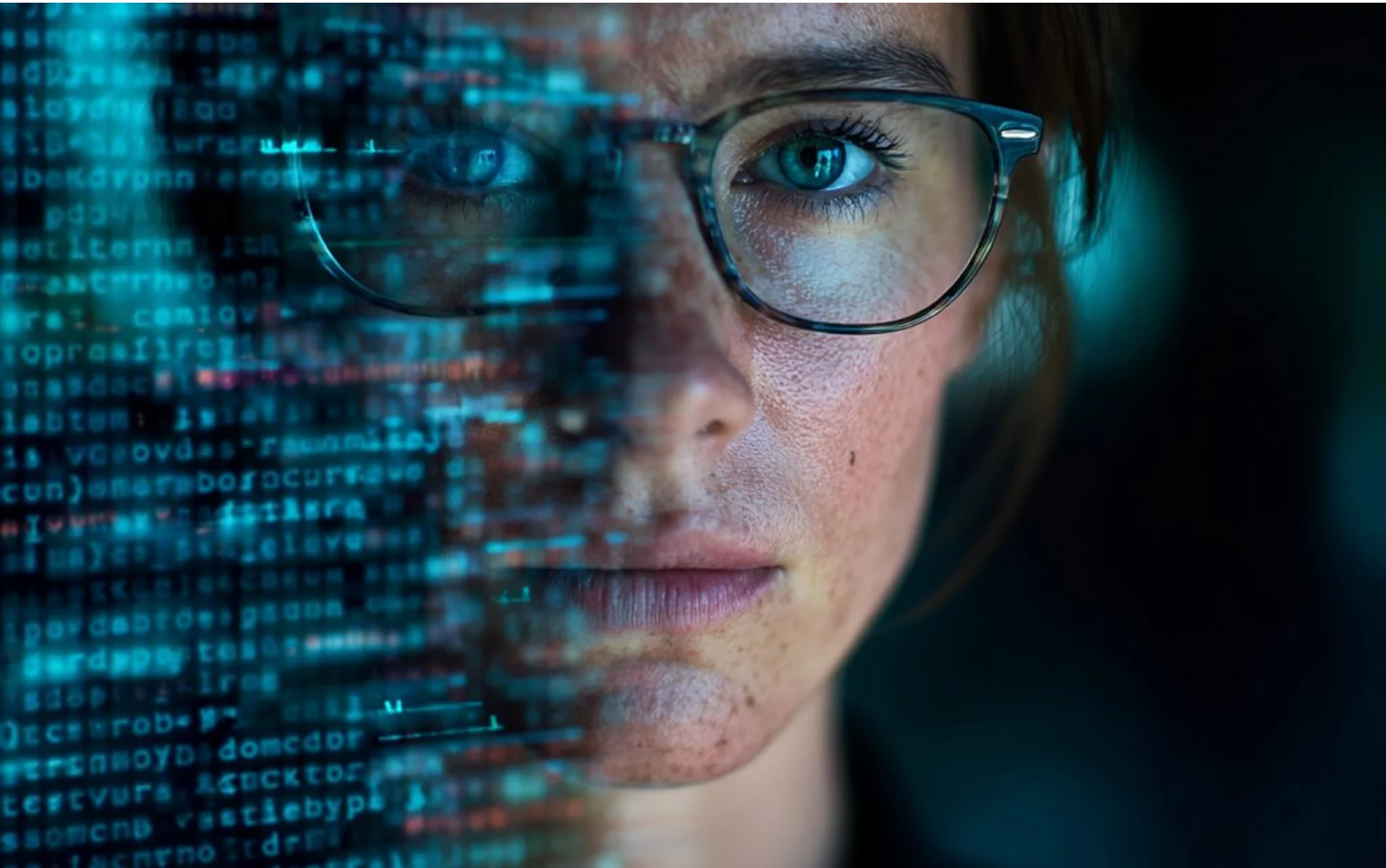 Close-up of a woman with glasses, half of her face overlaid with glowing digital code
