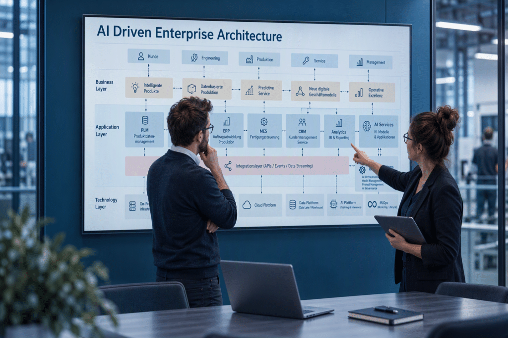 Two consultants discussing an AI-driven enterprise architecture diagram on a large wall screen