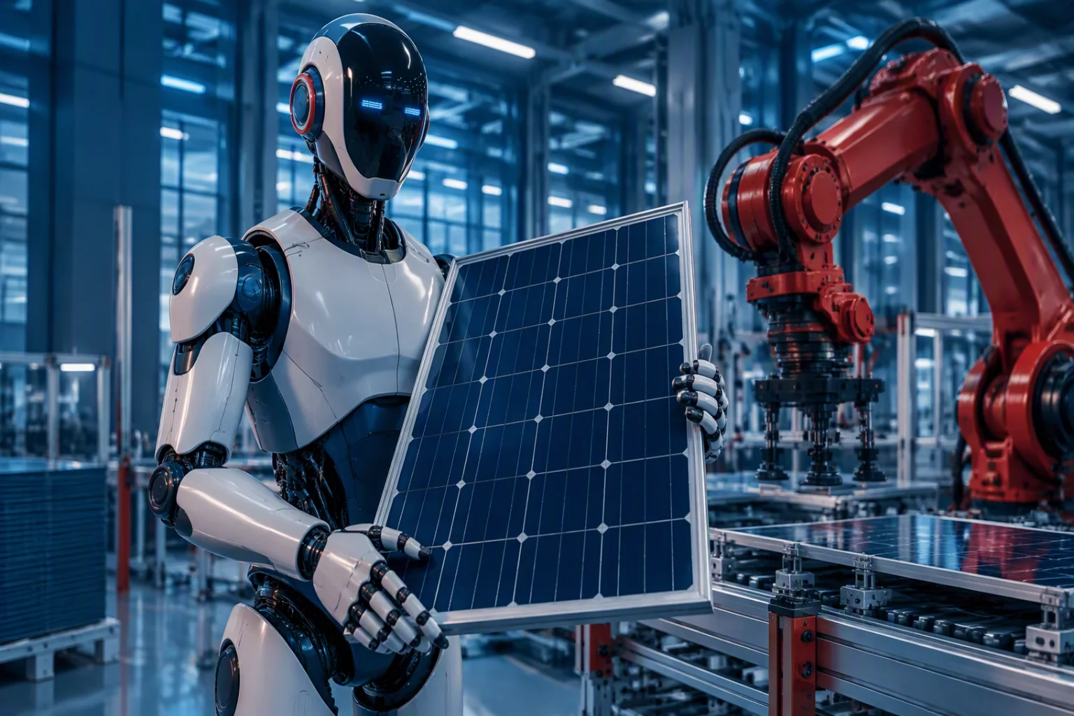 Humanoid robot holding a solar panel in a factory hall, with a red industrial robot arm and a production line in the background