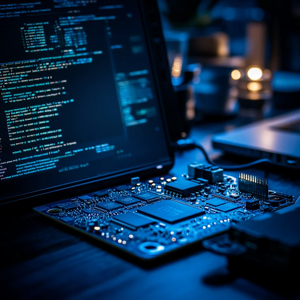 Laptop with lines of code on screen next to an exposed printed circuit board in blue light